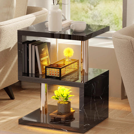 Black marble high gloss side table with yellow LED lights and 3-tier storage, ideal for elegant home settings.