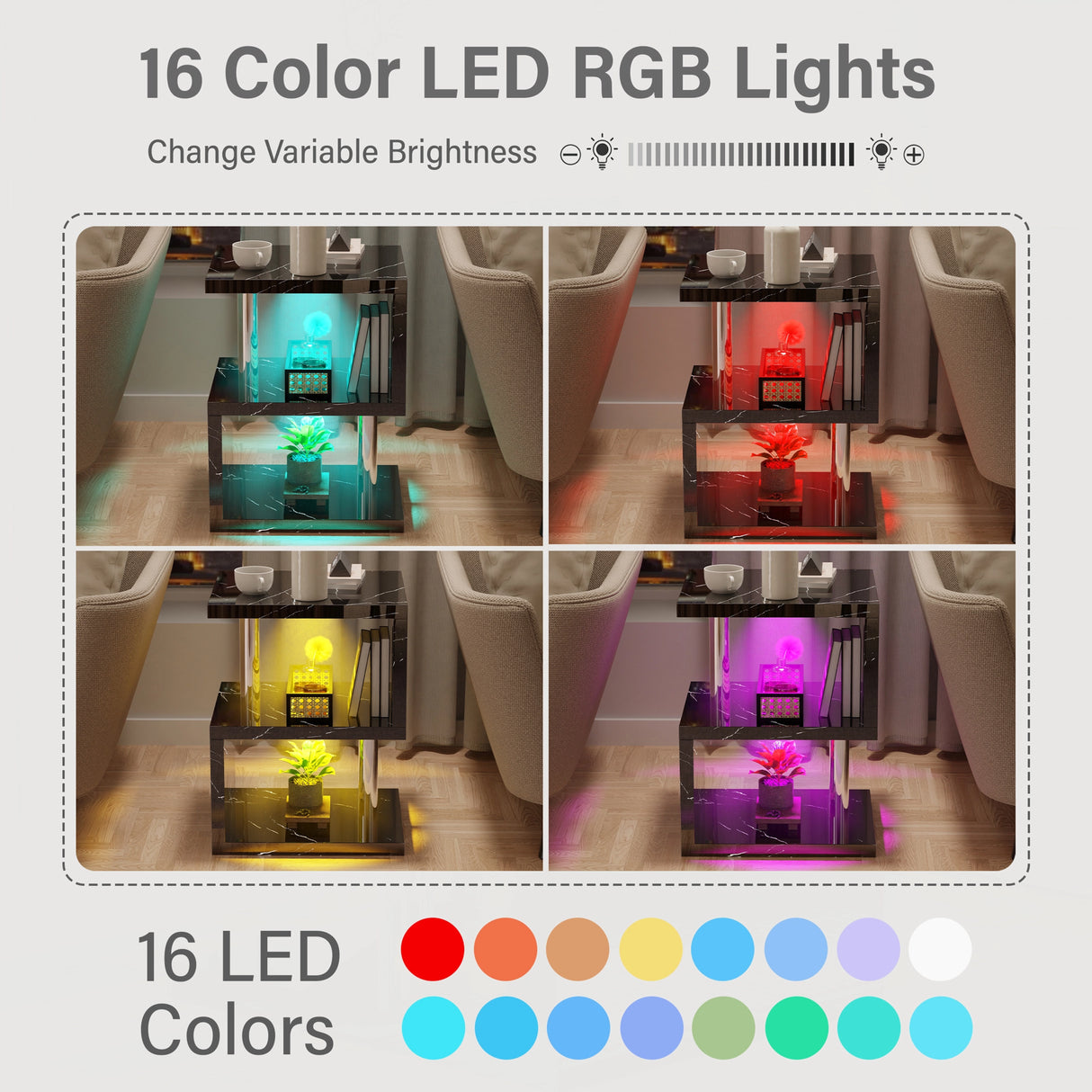 RGB LED lighting options for black marble finish end table, featuring 16 color modes and brightness control.