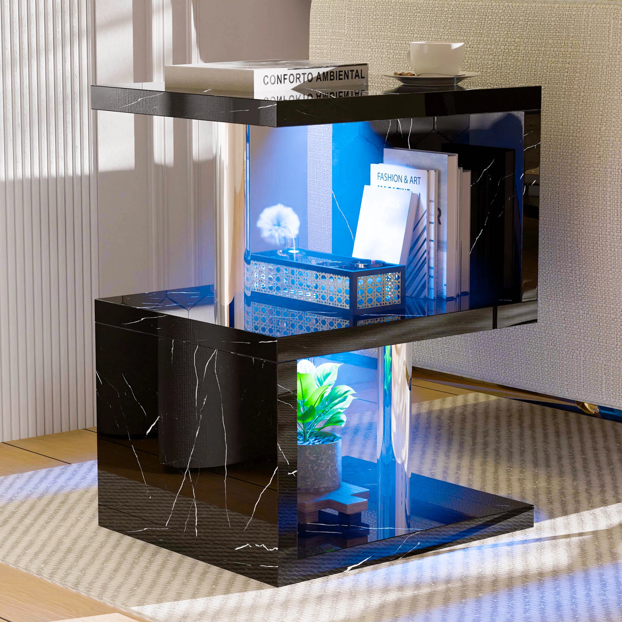 Black marble high gloss LED sofa side table with blue lighting and 3-tier storage, ideal for luxury interiors.