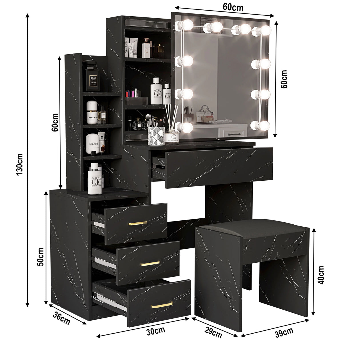 Black marble-patterned vanity table with mirror and lights, showing dimensions.