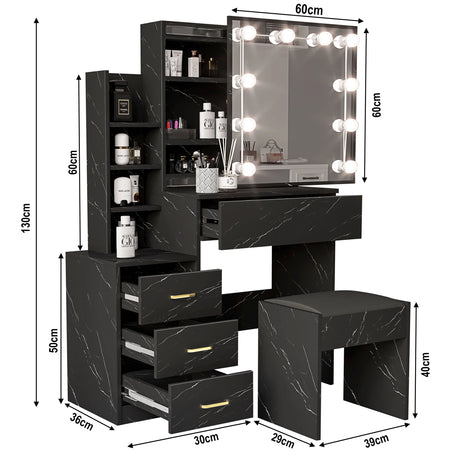 Black marble-patterned vanity table with mirror and lights, showing dimensions.