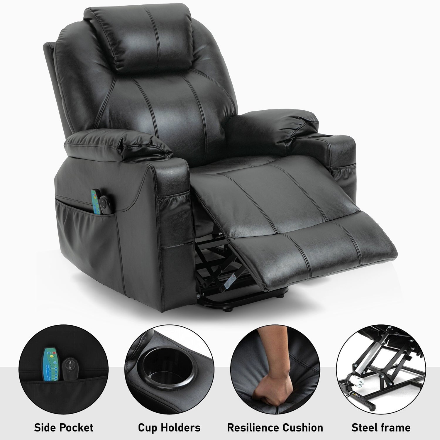 Black leather recliner chair with features highlighted on a white background