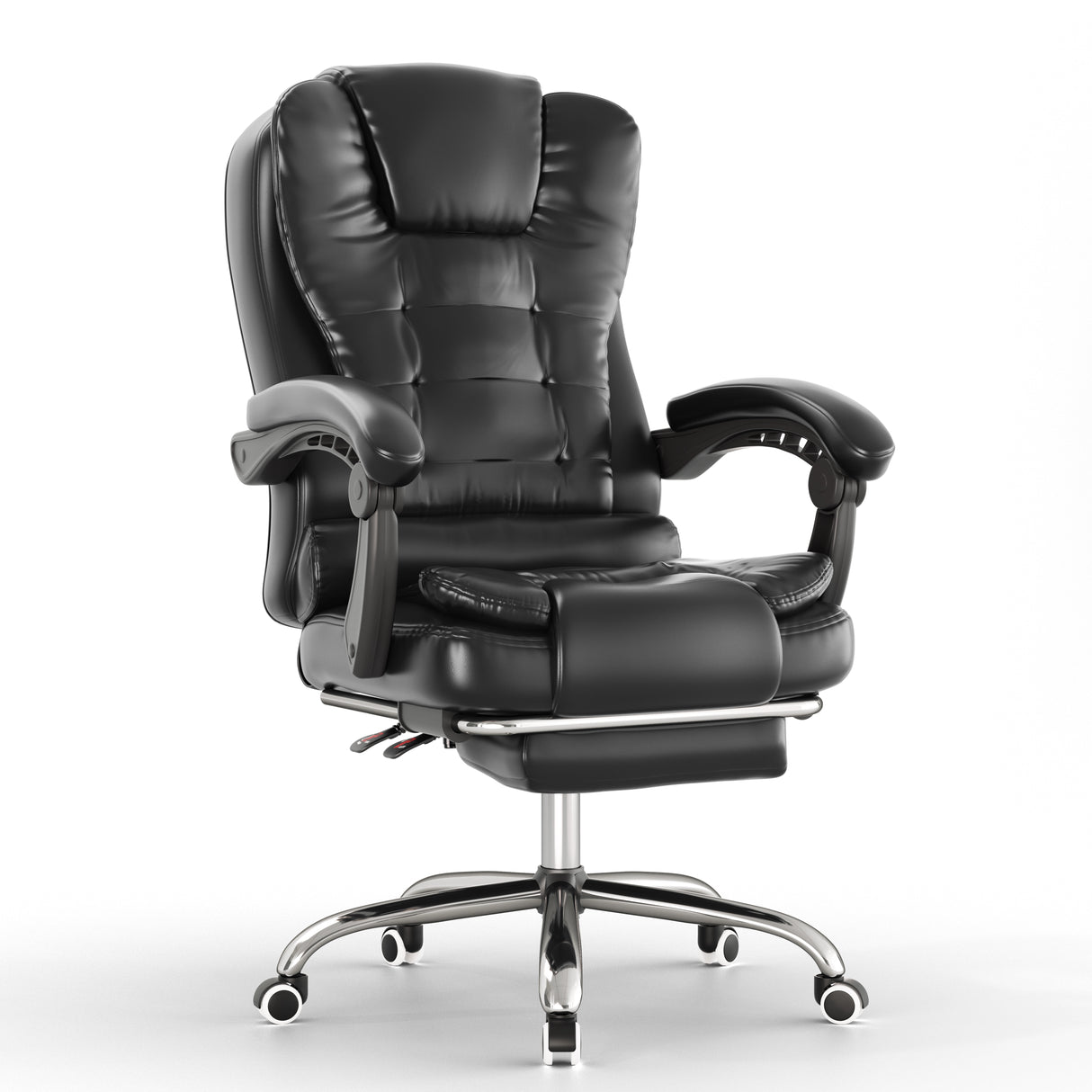 Black office chair with reclining feature on a white background