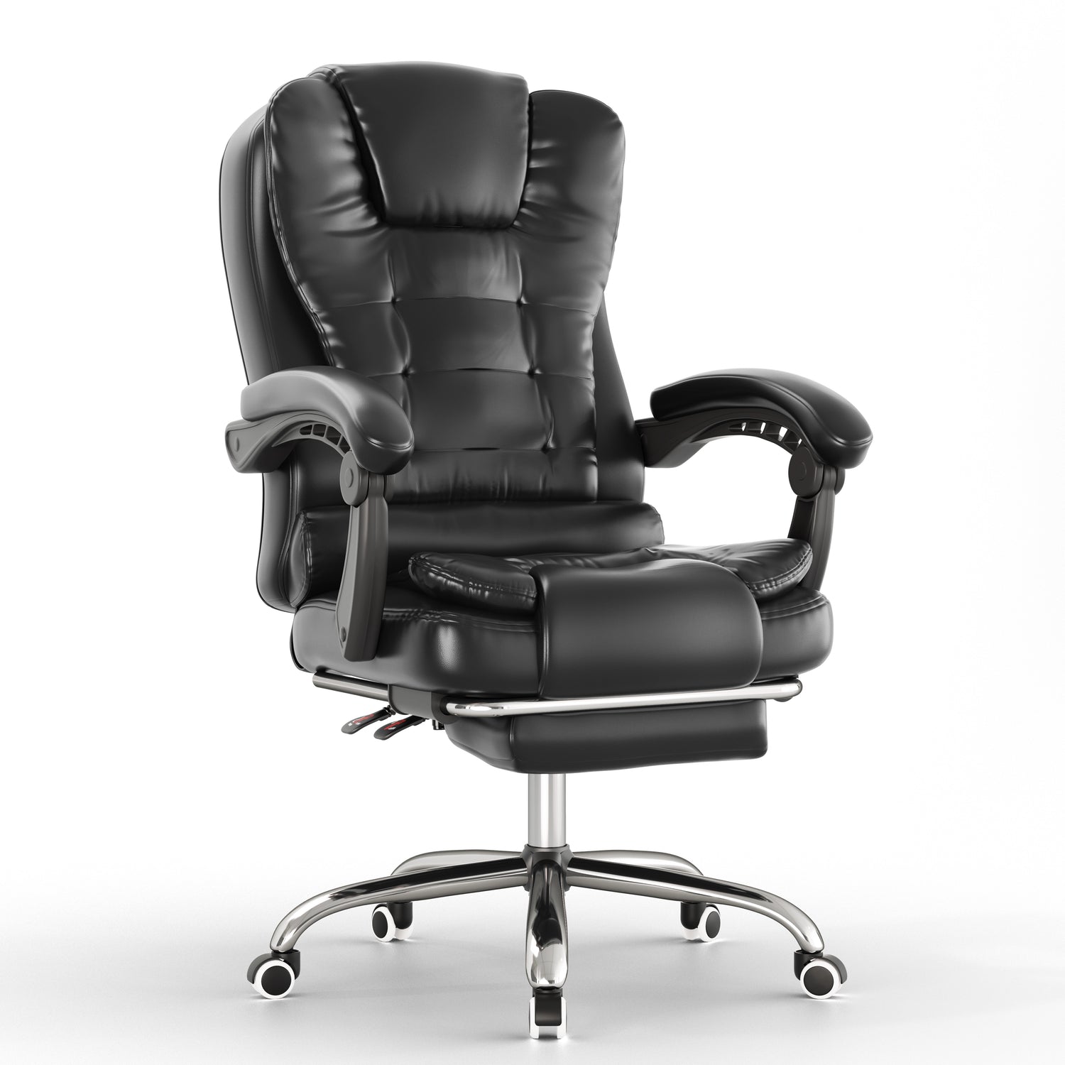 Black office chair with reclining feature on a white background