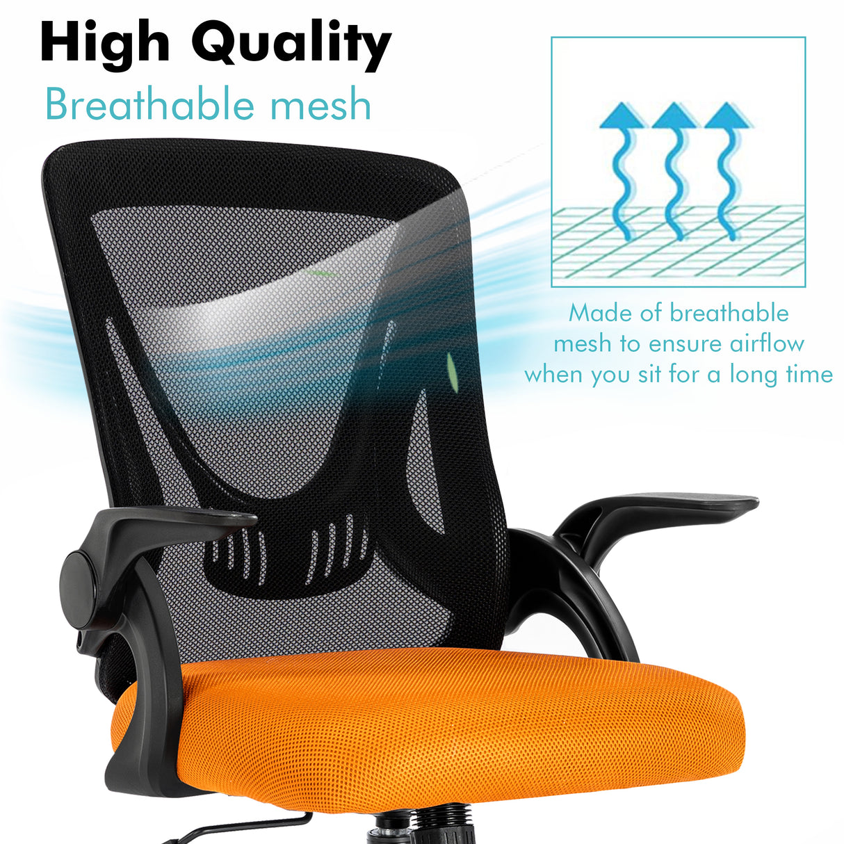 The breathable mesh backrest of the black and orange PC chair supports comfort for extended hours at your workstation.