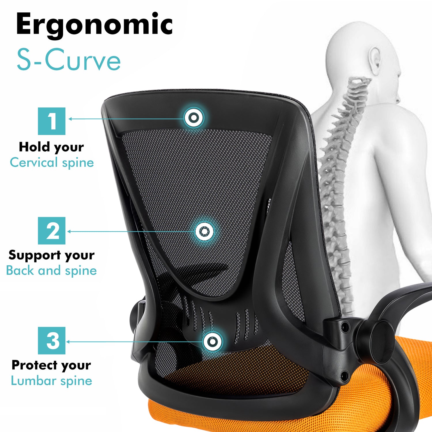 Small office desk chair with mesh backrest, promoting ergonomic benefits to reduce spine strain during extended sitting.