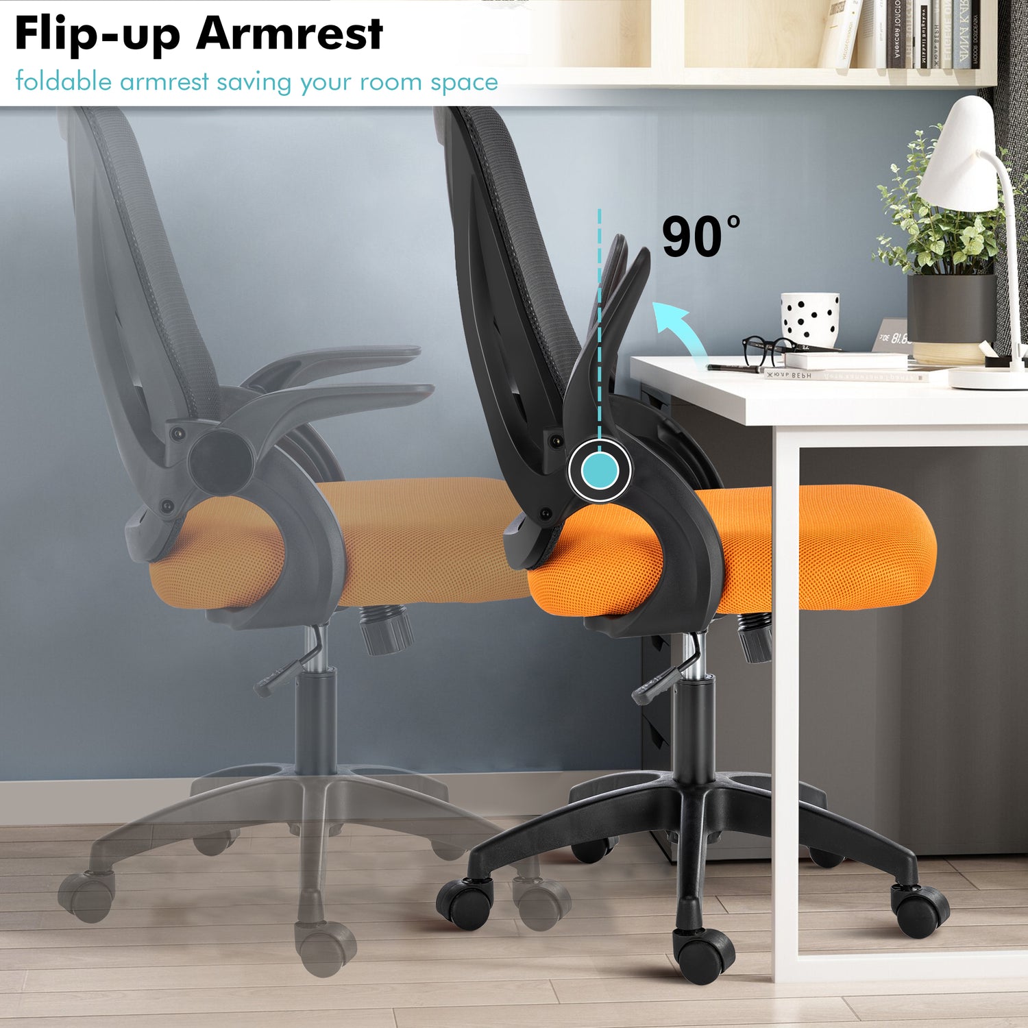 Small office task chair with flip-up armrests, ideal for saving space in your home office setup.