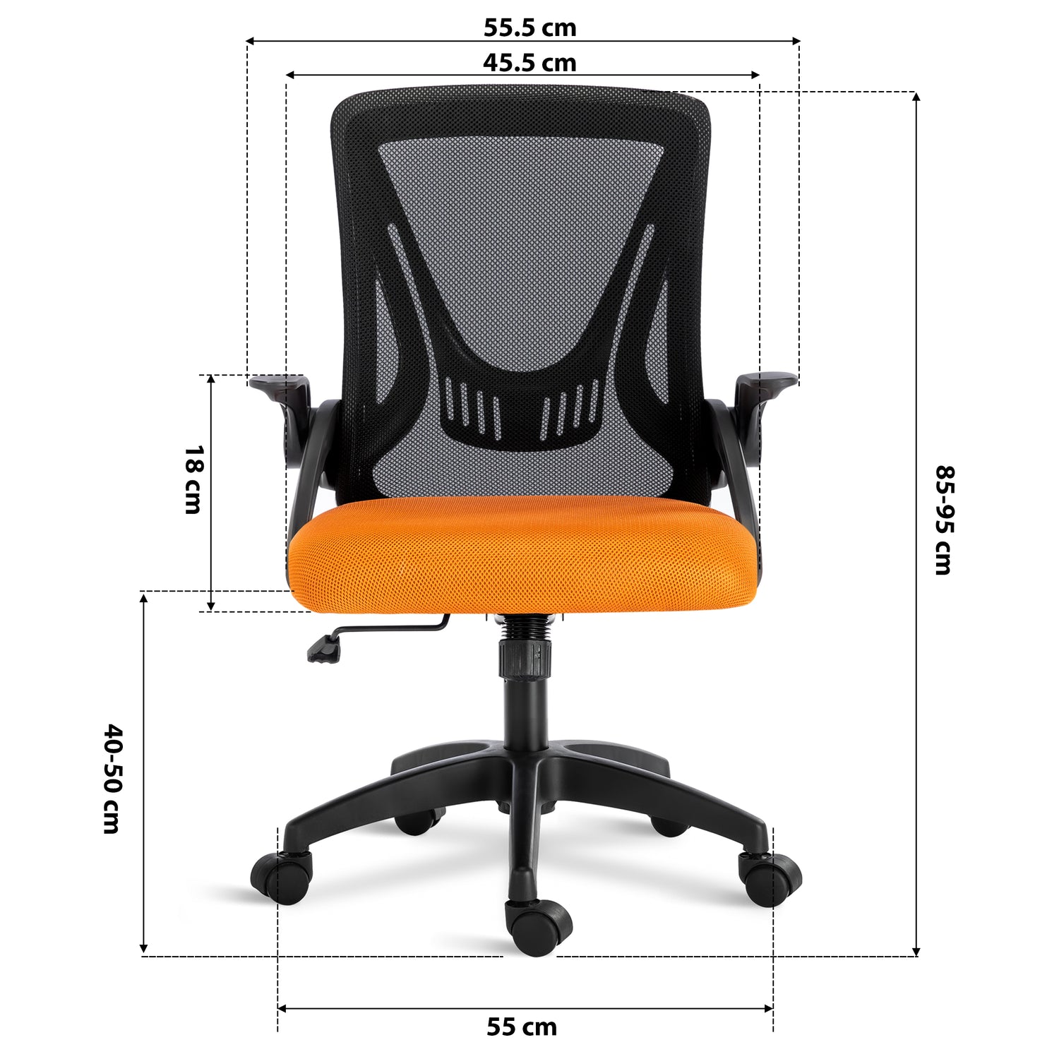 black and orange mesh office chair dimension: 45.5cm seat width, 55cm wheelbase, adjustable 85–95cm height & mesh backrest.
