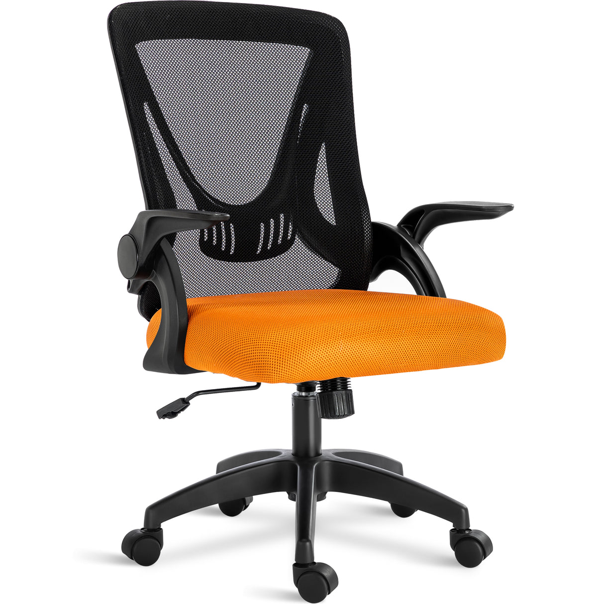 Black and orange comfortable chair with padded seat, mesh backrest, and adjustable height, providing full ergonomic support.