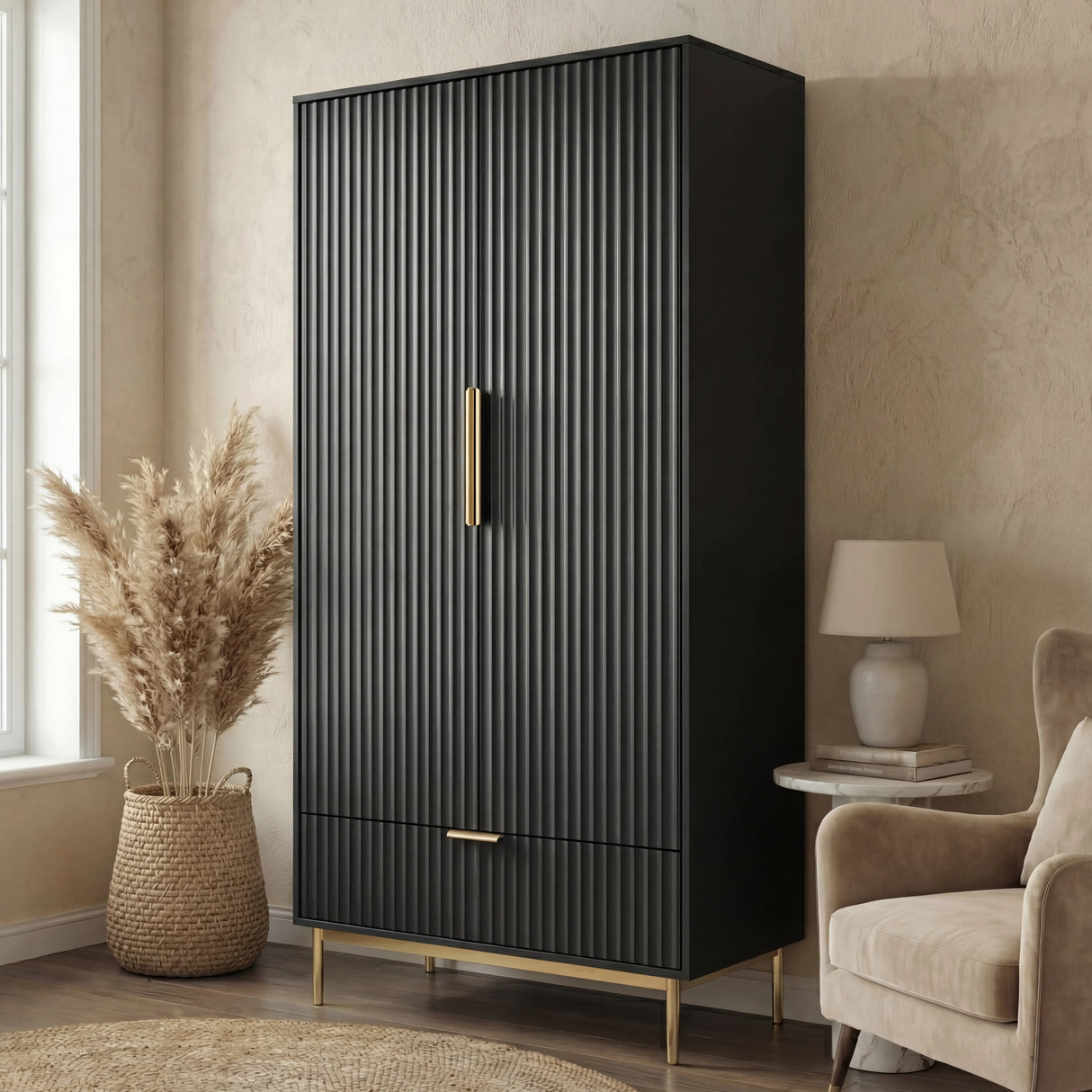 Black double door wardrobe cabinet with vertical panel design, golden handles and a lower drawer