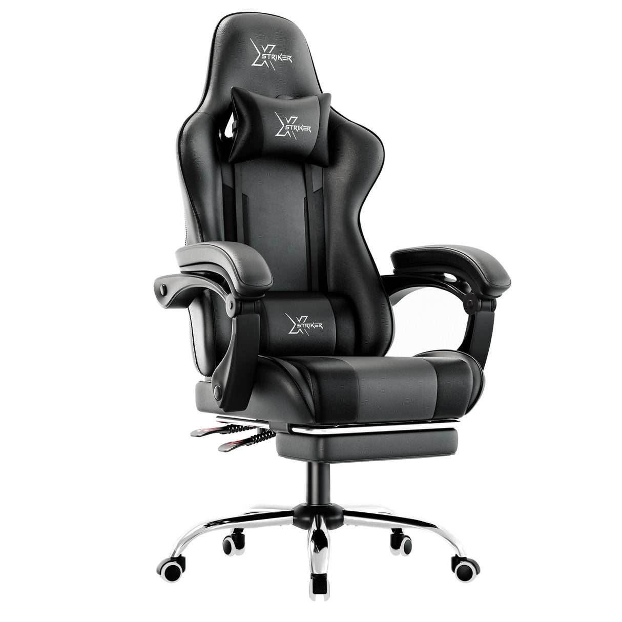 Xstriker Gaming Chair With Footrest in black PU leather featuring ergonomic lumbar support, reclining backrest, and padded armrests for home or office use. Ideal for gamers and professionals seeking comfort and style in a PC desk chair.