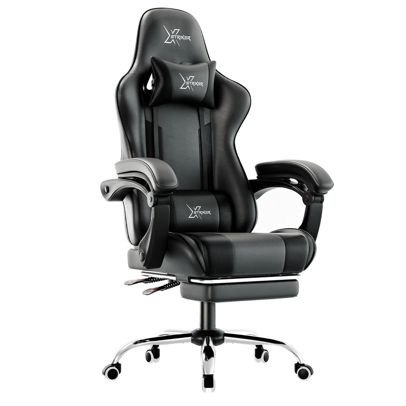 Xstriker Gaming Chair With Footrest in black PU leather featuring ergonomic lumbar support, reclining backrest, and padded armrests for home or office use. Ideal for gamers and professionals seeking comfort and style in a PC desk chair.