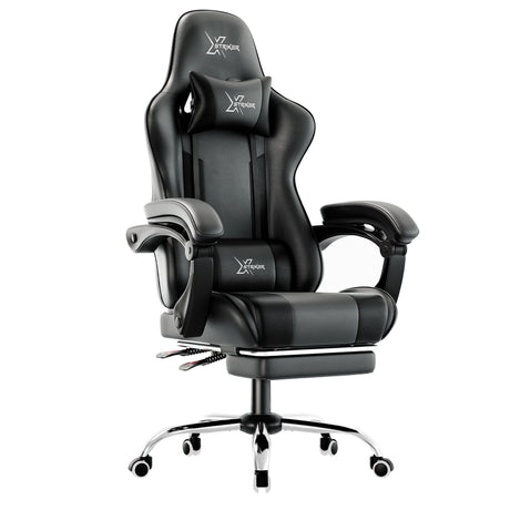 Xstriker Gaming Chair With Footrest in black PU leather featuring ergonomic lumbar support, reclining backrest, and padded armrests for home or office use. Ideal for gamers and professionals seeking comfort and style in a PC desk chair.
