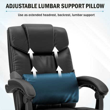 black desk chair with adjustable lumbar pillow designed to support your lower back throughout long work sessions