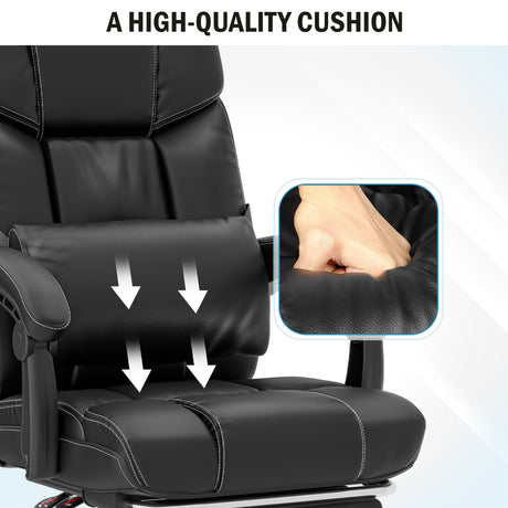 black cushioned desk chair with hand pressing seat inset to highlight its plush padding