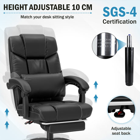 black high back chair with adjustable height shown using certified gas lift in detailed inset view