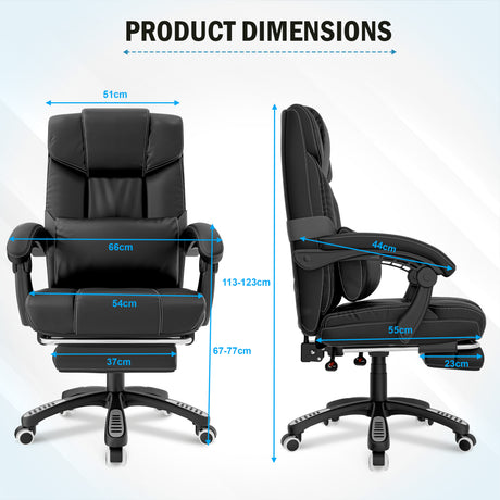 Dimensions of black office chair with footrest 23cm, 54cm seat width, 55cm depth, and padded backrest with lumbar support.