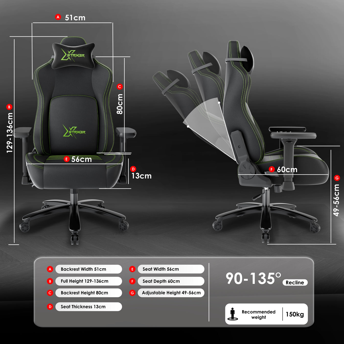 Gaming chair with dimensions and features displayed on a dark background