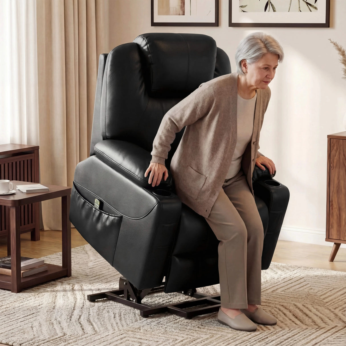 Electric Recliner Chair For Elderly in black leather with riser function, shown assisting an elderly woman to stand in a cozy living room setting.