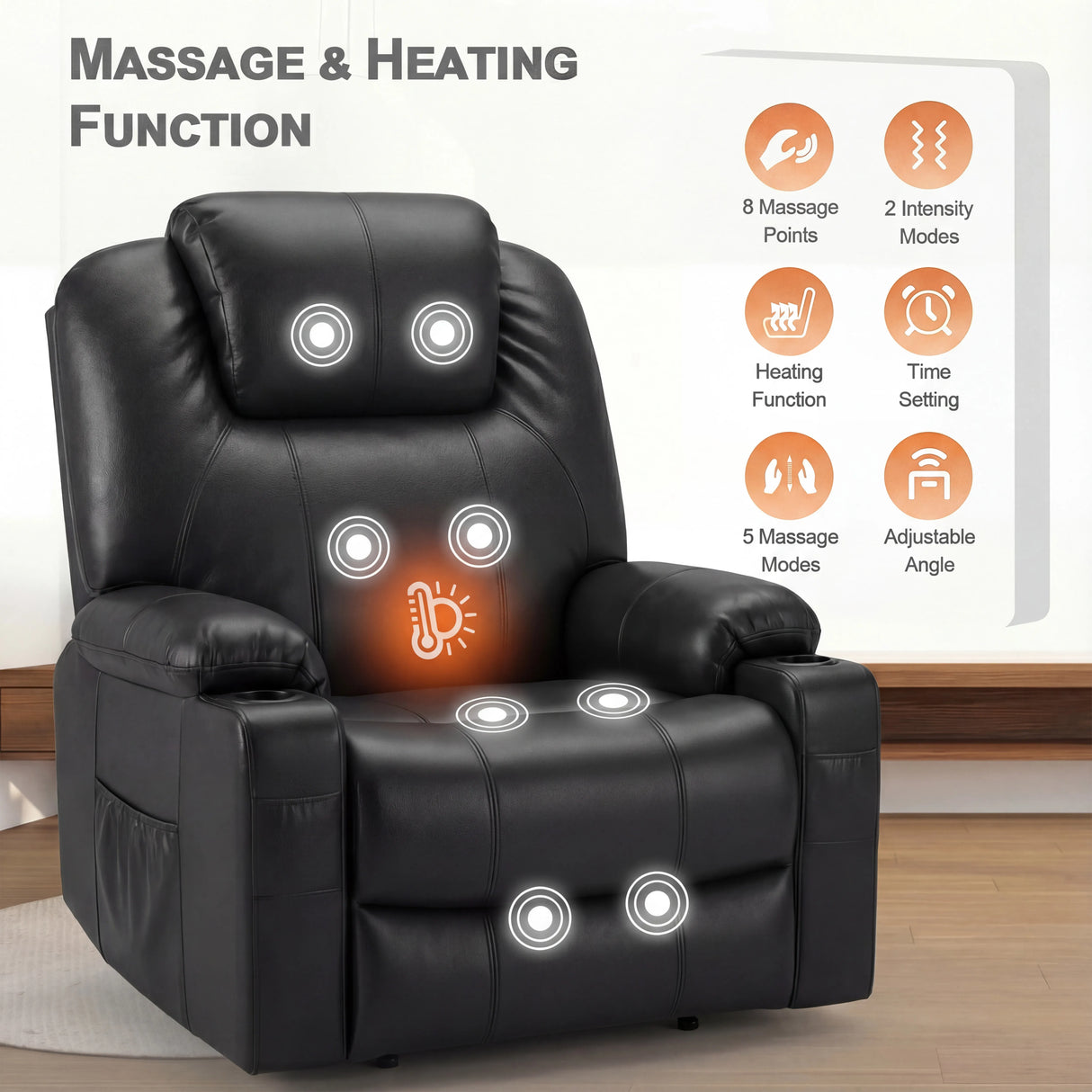 Electric Recliner Chair For Elderly with Heat & Massage in black leather featuring 8 massage points, heating function, and adjustable angle for comfort.