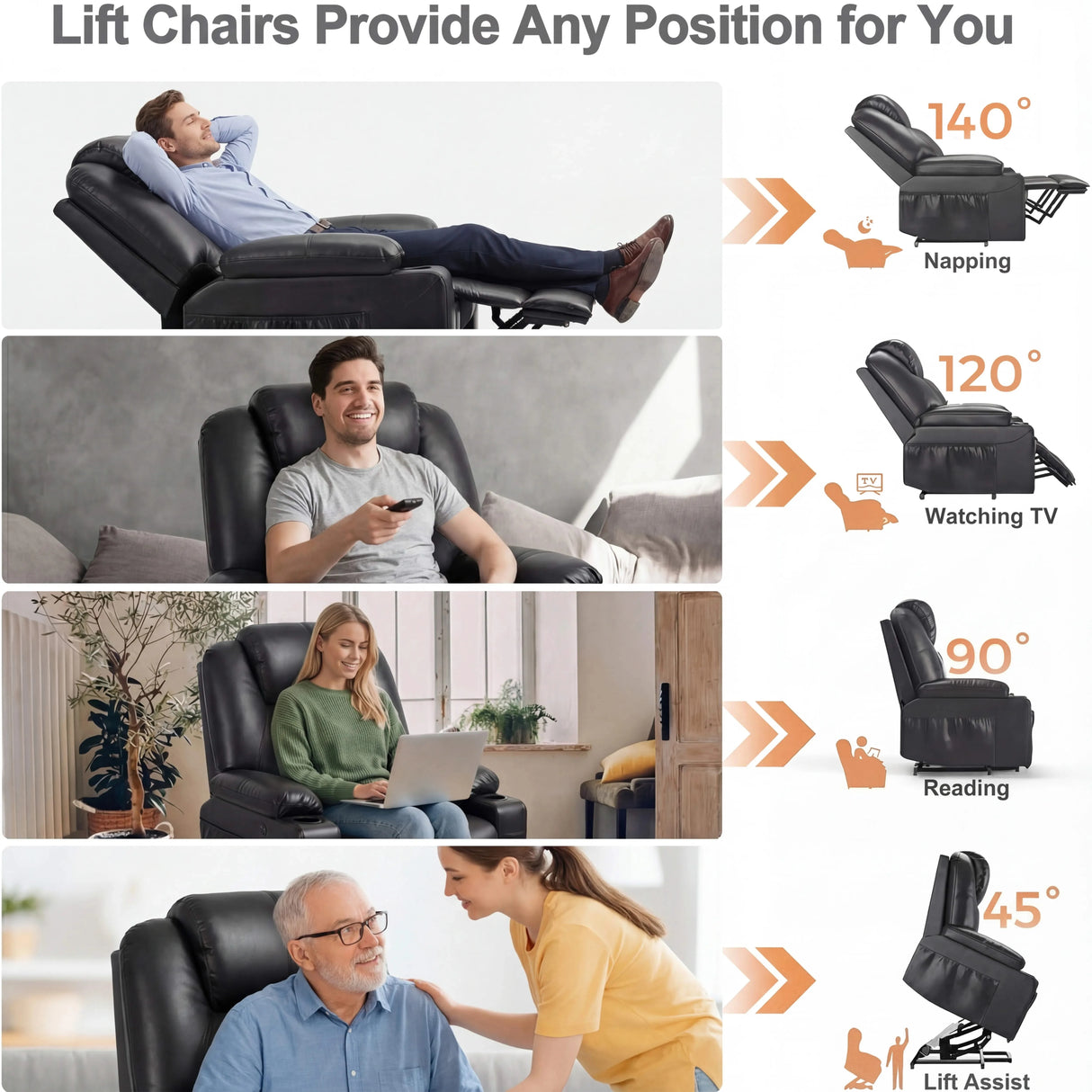 Electric Recliner Chair For Elderly | Riser Massage Armchair shown in multiple recline positions including 140° for napping, 120° for watching TV, 90° for reading, and 45° lift assist.