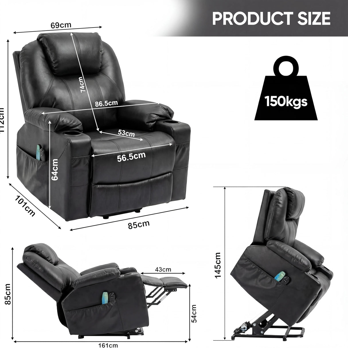 Electric Recliner Chair For Elderly | Riser Massage Armchair in black leather with heat and massage, shown in upright and reclined positions with dimensions.