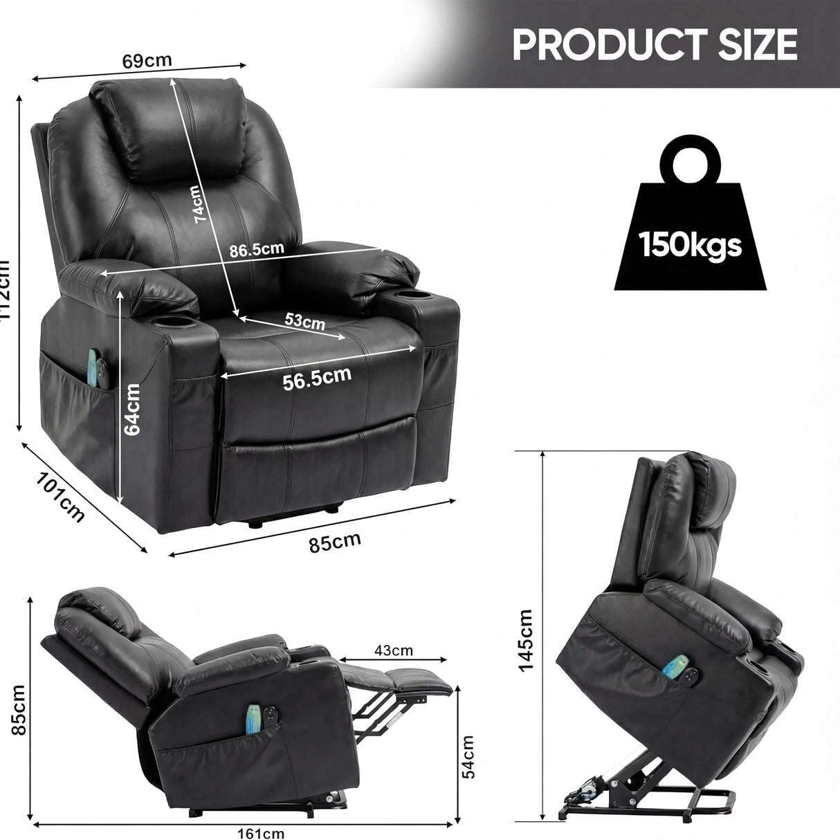 Electric Recliner Chair For Elderly | Riser Massage Armchair in black leather with heat and massage, shown in upright and reclined positions with dimensions.