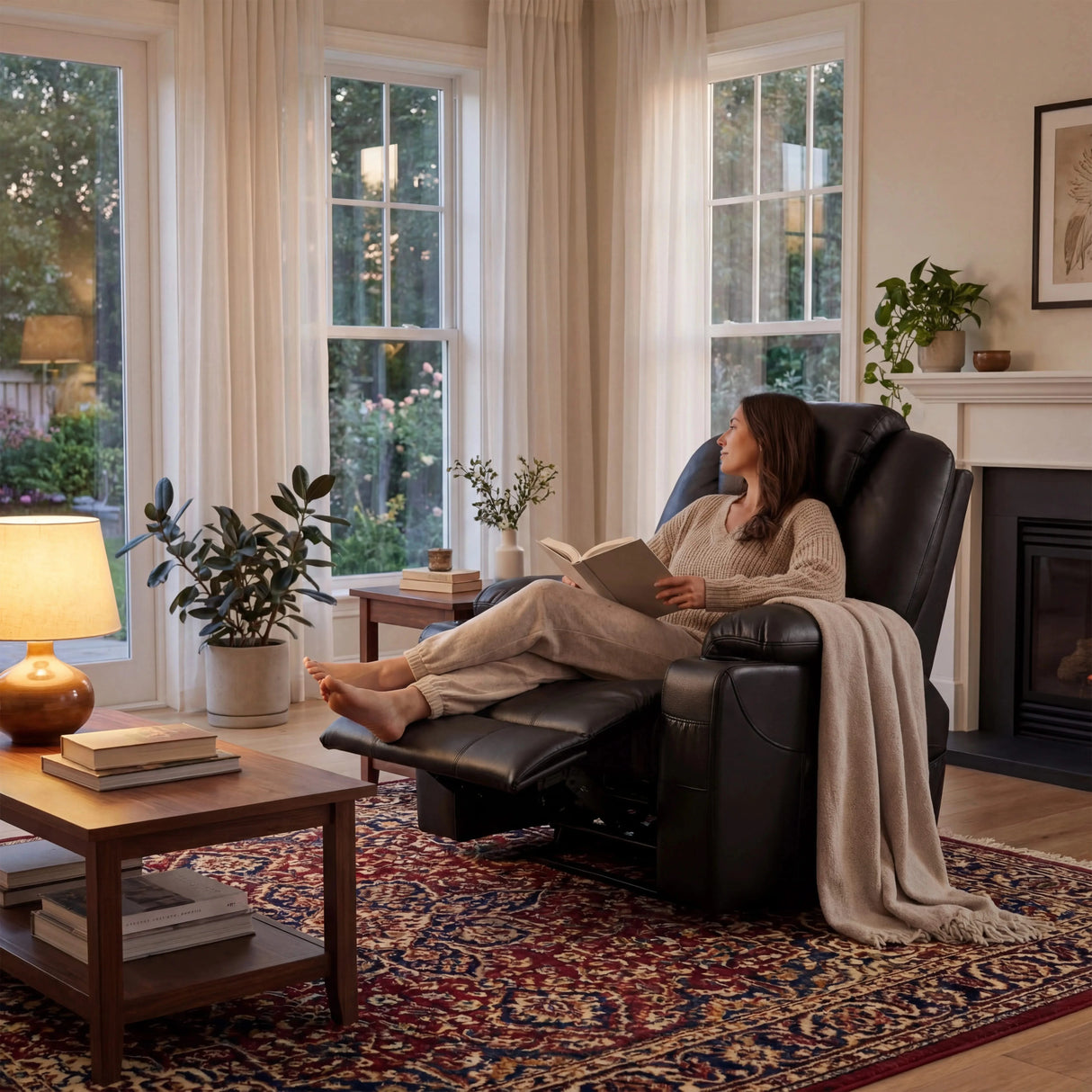 Electric Recliner Chair For Elderly | Riser Massage Armchair in black leather with heat and massage functions, placed in a cozy living room setting.