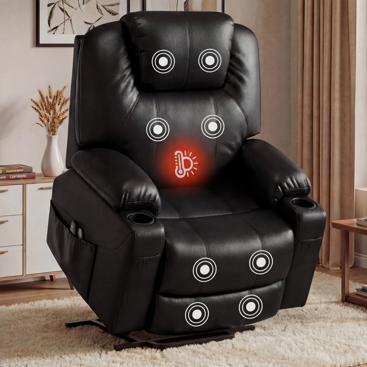 Electric Recliner Chair For Elderly | Riser Massage Armchair in black leather with heat and massage zones, ideal for living rooms or bedrooms.