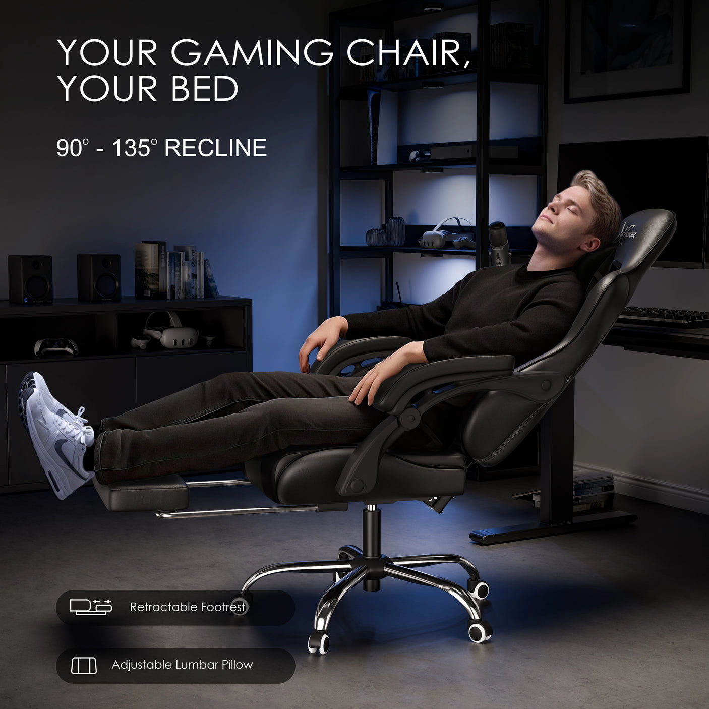Xstriker Gaming Chair with Footrest fully reclined at 135°, showing a man relaxing in a home office setup. Features include a retractable footrest and adjustable lumbar pillow.