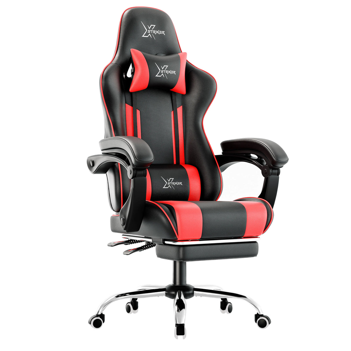 Xstriker Gaming Chair With Footrest in black and red, featuring ergonomic design, lumbar support, and retractable footrest for home or office use. Ideal for gamers and professionals seeking comfort and style in a PC desk chair.