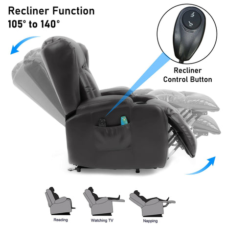 Black recliner chair showing adjustable reclining angles with control button. Suitable for reading, watching TV, and napping.