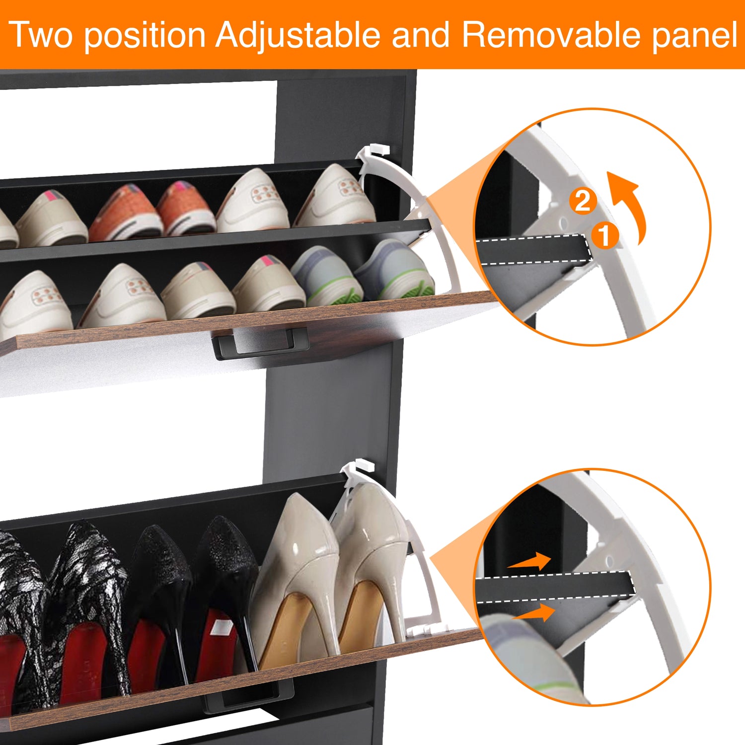 Close-up of black rustic shoe cabinet hallway showing pull-down drawers with adjustable dividers set at different angles.