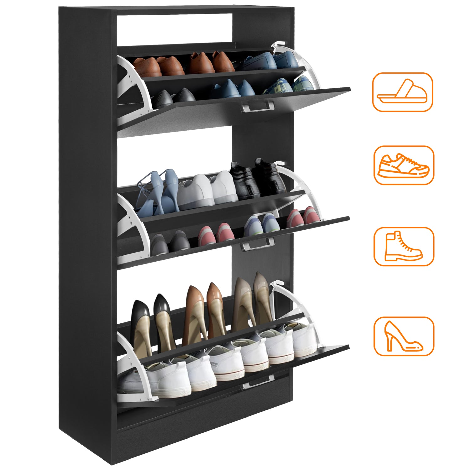 A fully open slimline shoe cabinet reveals its three-door design, storing Crocs, boots, slippers, and wellies.