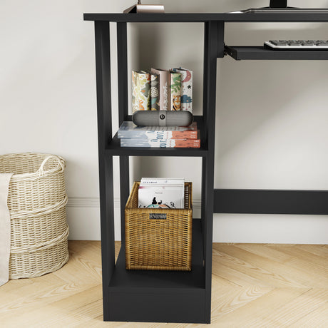 Home Office Computer Desk With Shelves For Working, Reading & Gaming in black finish, featuring side storage shelves with books, a speaker, and a wicker basket.