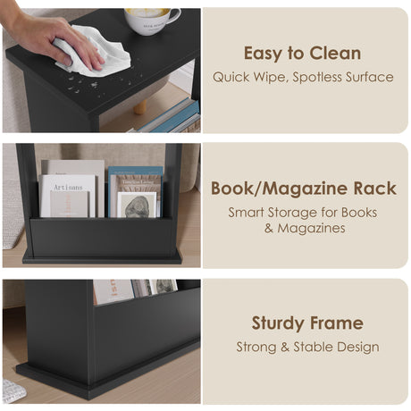Black book/magazine rack with text highlighting features like easy cleaning, smart storage, and sturdy frame.