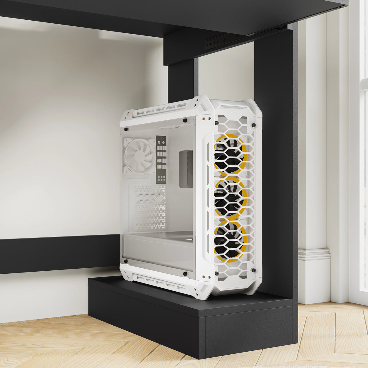 Home Office Computer Desk With Shelves For Working, Reading & Gaming featuring a mounted white gaming PC case with triple front fans under the desk.