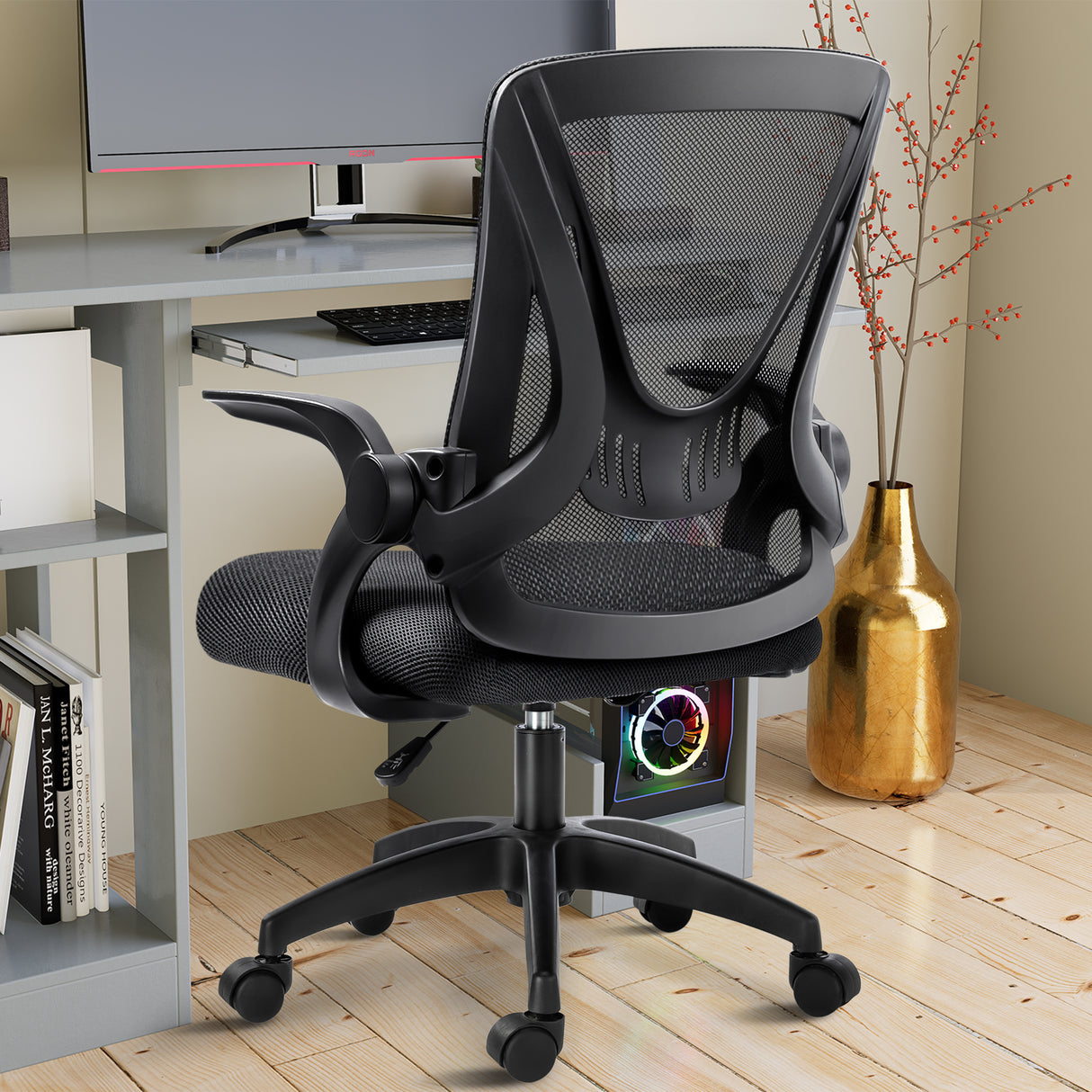 Mesh office chair near a workstation, offering ergonomic design with breathable backrest for comfort.