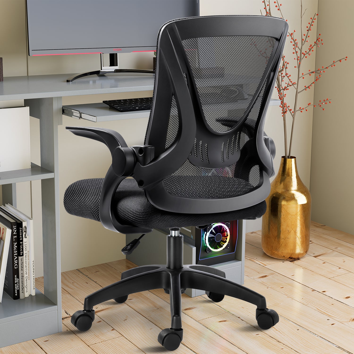 Mesh office chair near a workstation, offering ergonomic design with breathable backrest for comfort.