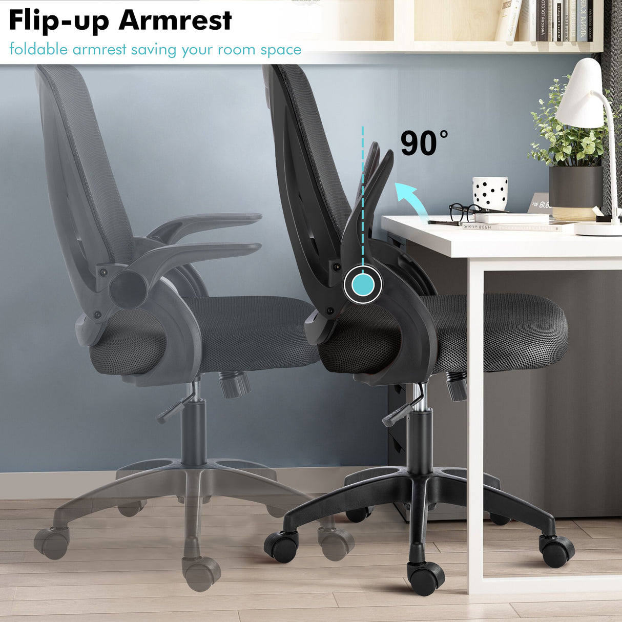 Adjustable chair with flip-up armrests and breathable mesh backrest, perfect for space-saving and comfort.