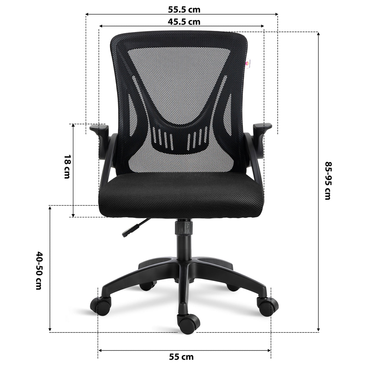 Dimensions of black small office desk chair: 45.5cm seat width, 55cm wheelbase, adjustable 85–95cm height & mesh backrest.