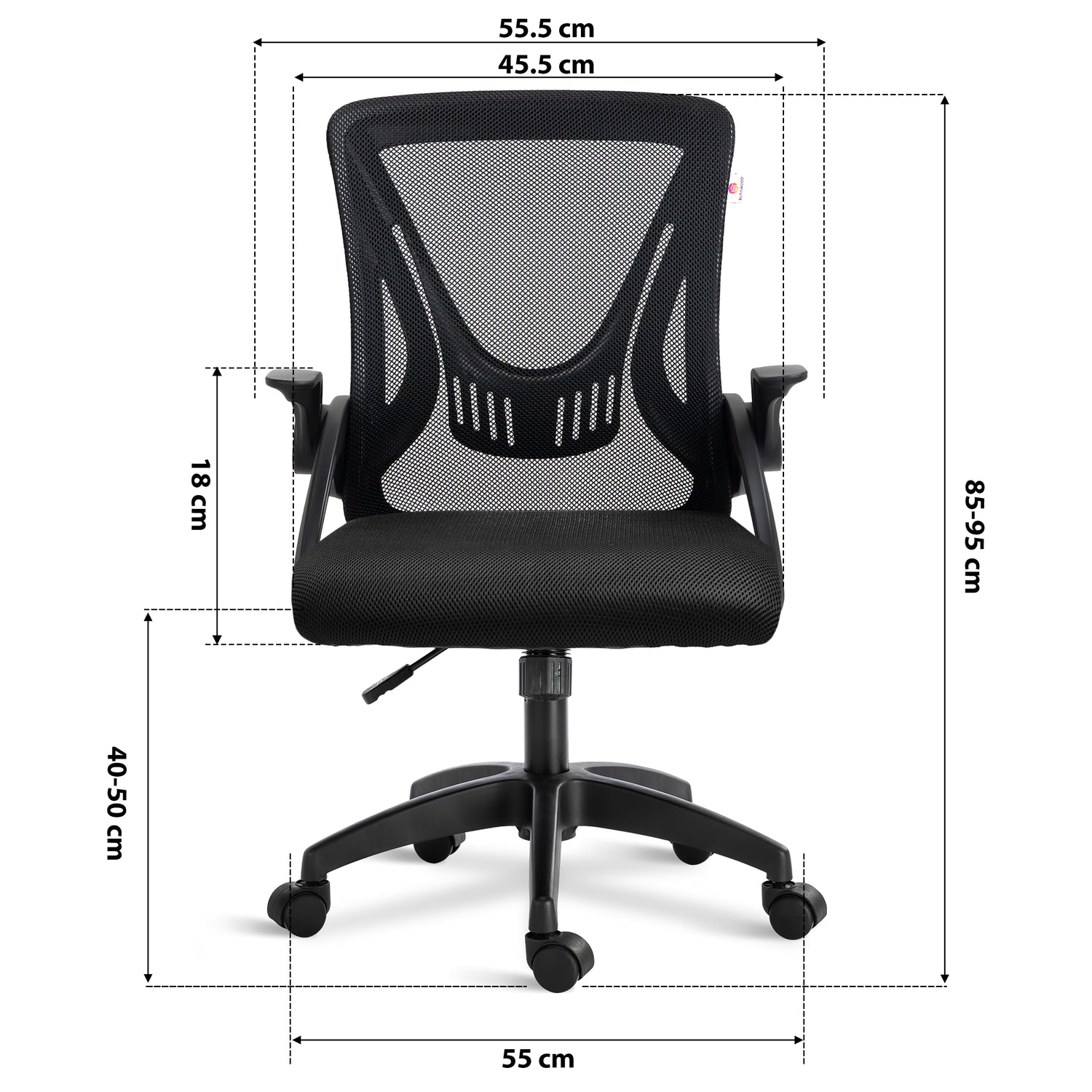 Dimensions of black small office desk chair: 45.5cm seat width, 55cm wheelbase, adjustable 85–95cm height & mesh backrest.