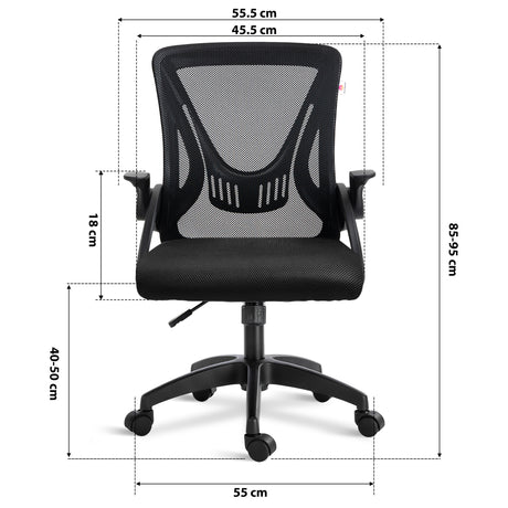 Dimensions of black small office desk chair: 45.5cm seat width, 55cm wheelbase, adjustable 85–95cm height & mesh backrest.