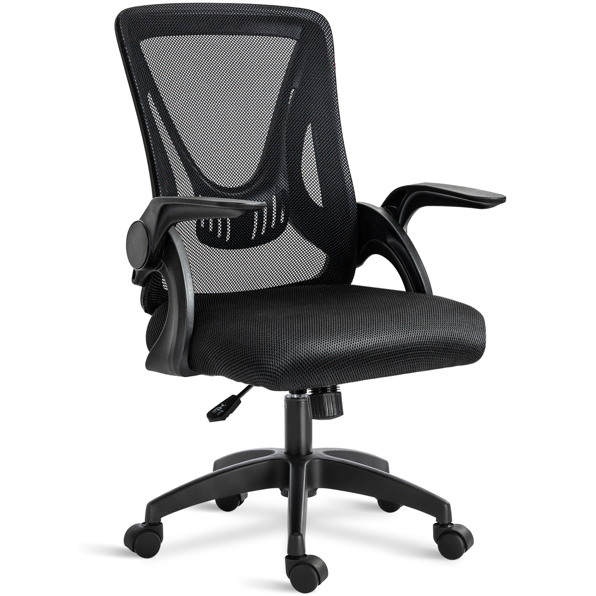 Mesh office chair near a workstation, offering ergonomic design with breathable backrest for comfort.