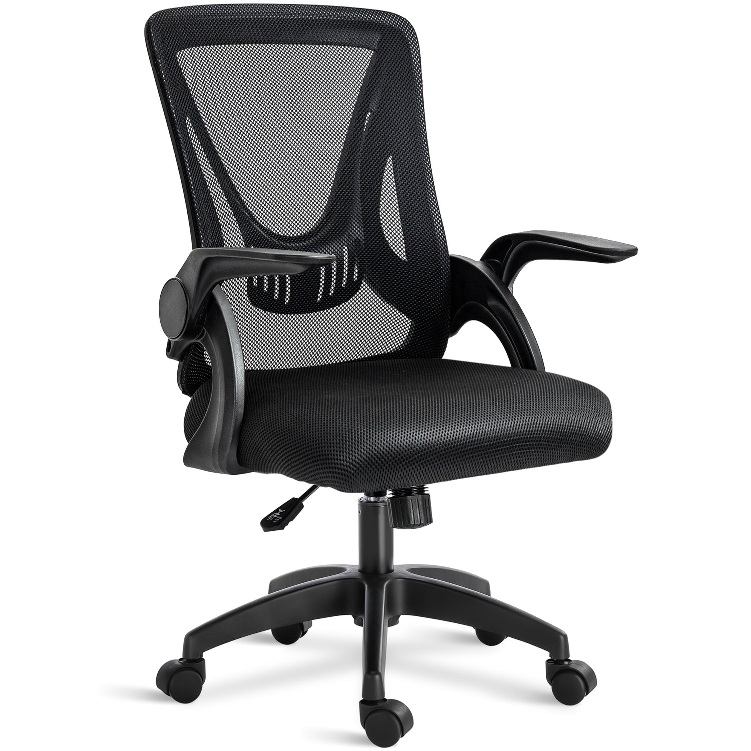 Mesh office chair near a workstation, offering ergonomic design with breathable backrest for comfort.