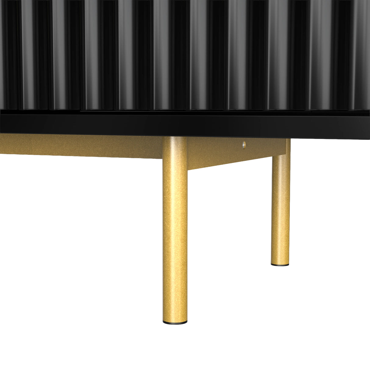 Black TV entertainment unit with slim gold metal legs and fluted textures, showcasing an elevated modern furniture design.