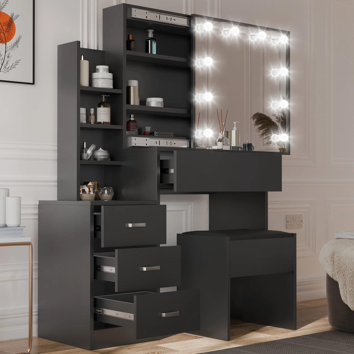 Black vanity unit with mirror and lights in a room setting