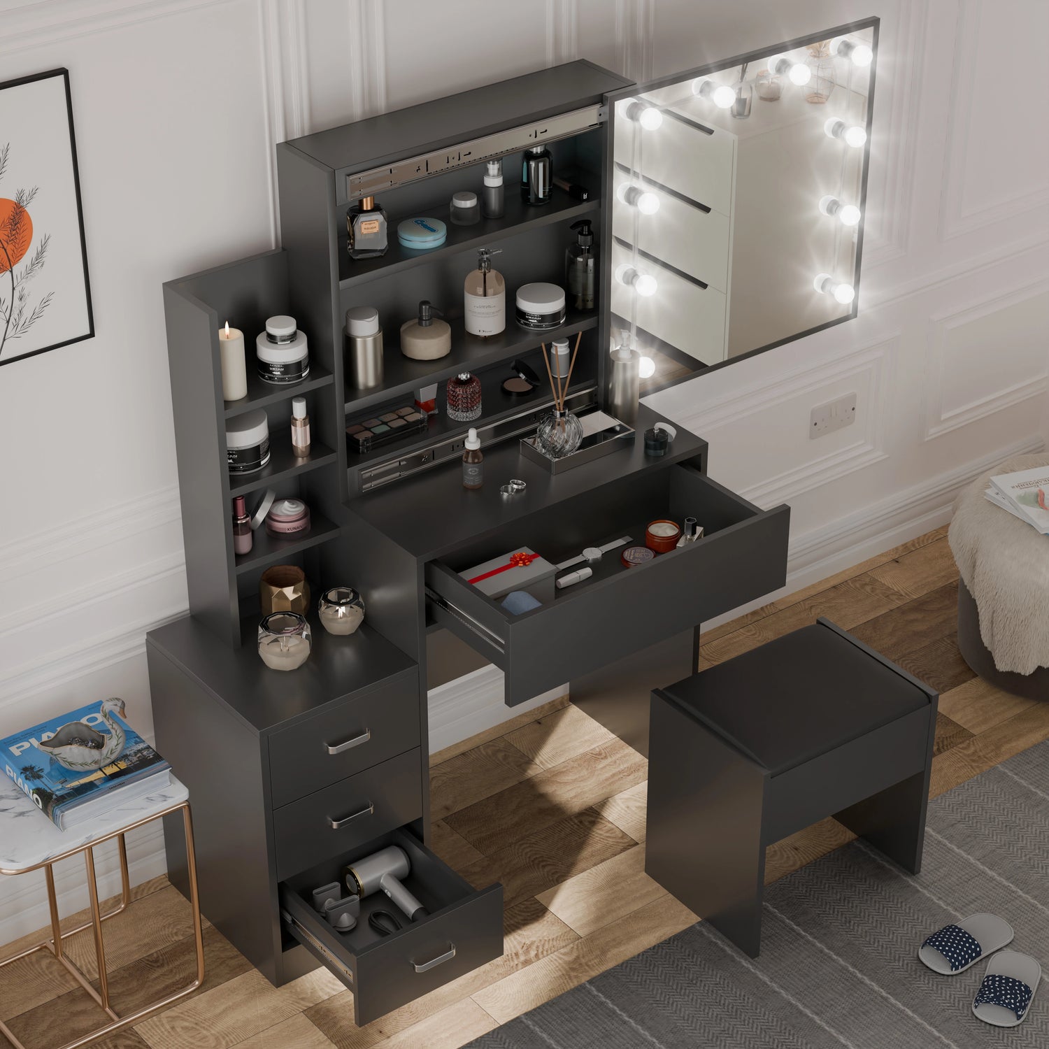 Black vanity with mirror, shelves, and drawers in a room setting.