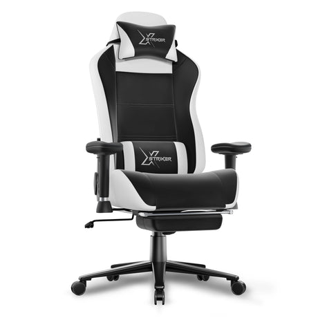 Black and white gaming chair with 'X-Striker' branding on a white background