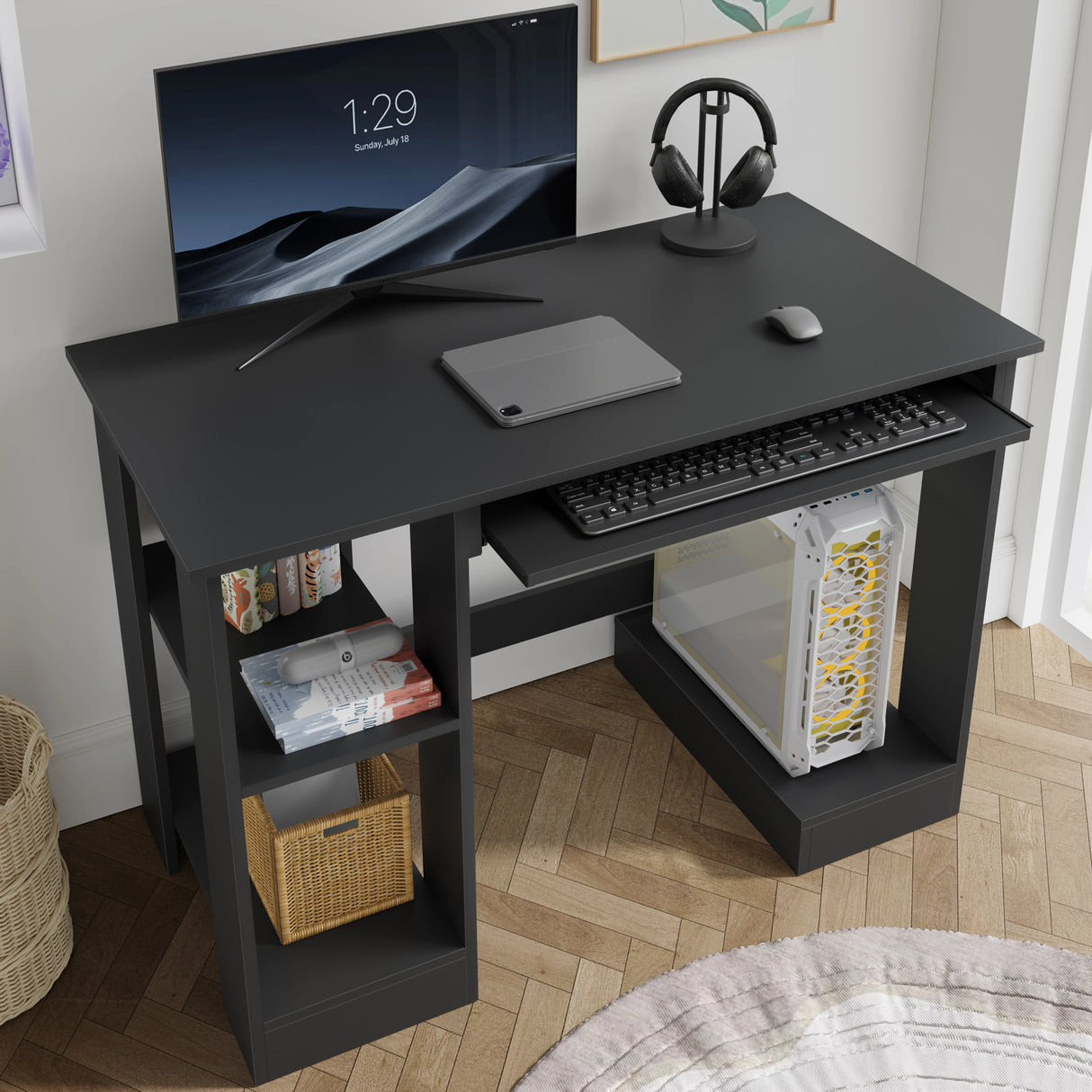 Home Office Computer Desk With Shelves For Working, Reading & Gaming in black finish, featuring a pull-out keyboard tray, monitor, and PC tower setup.